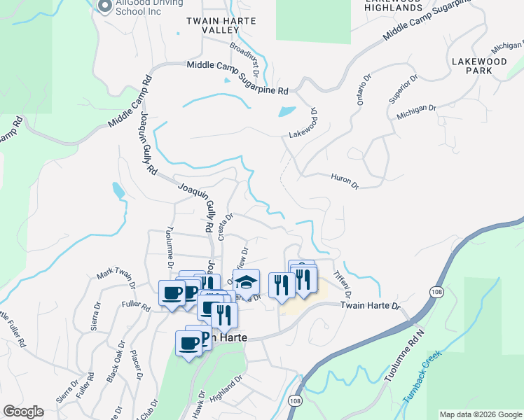 map of restaurants, bars, coffee shops, grocery stores, and more near 18861 Lookout Drive in Twain Harte