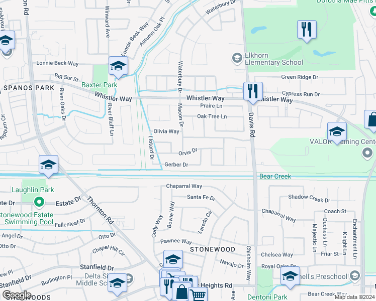 map of restaurants, bars, coffee shops, grocery stores, and more near 1943 Orvis Drive in Stockton