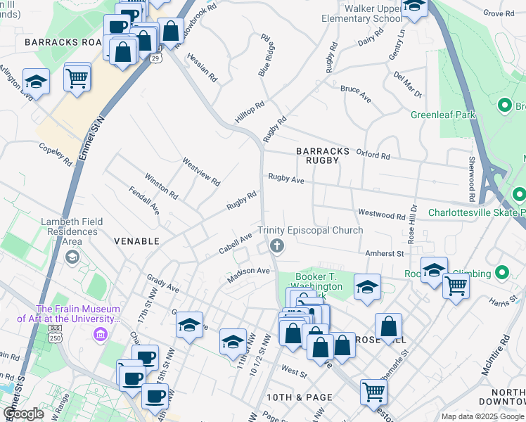 map of restaurants, bars, coffee shops, grocery stores, and more near 1209 Preston Avenue in Charlottesville