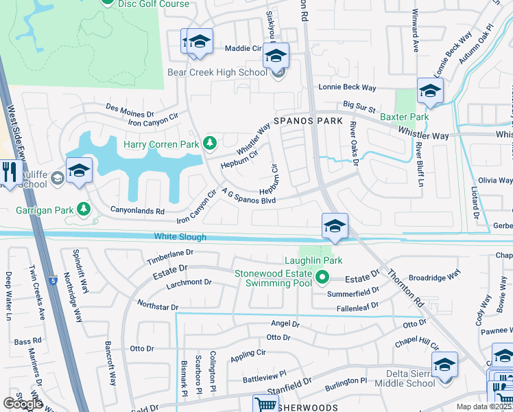 map of restaurants, bars, coffee shops, grocery stores, and more near 3192 Joshua Tree Circle in Stockton