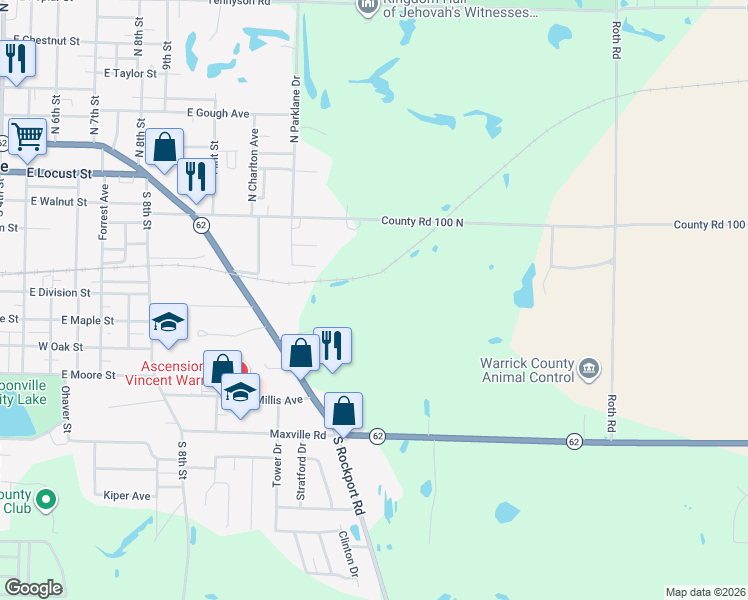 map of restaurants, bars, coffee shops, grocery stores, and more near 224 Vfw Boulevard in Boonville