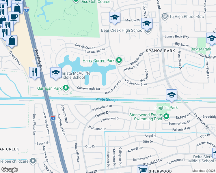 map of restaurants, bars, coffee shops, grocery stores, and more near 3503 Canyonlands Road in Stockton
