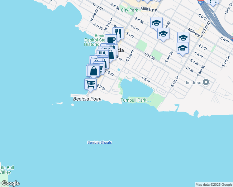 map of restaurants, bars, coffee shops, grocery stores, and more near 229 East B Street in Benicia