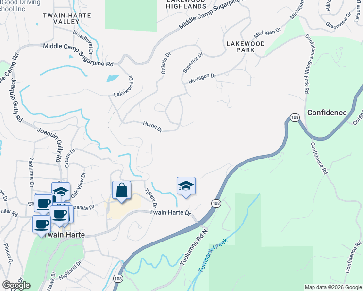 map of restaurants, bars, coffee shops, grocery stores, and more near 19115 Huron Dr in Twain Harte
