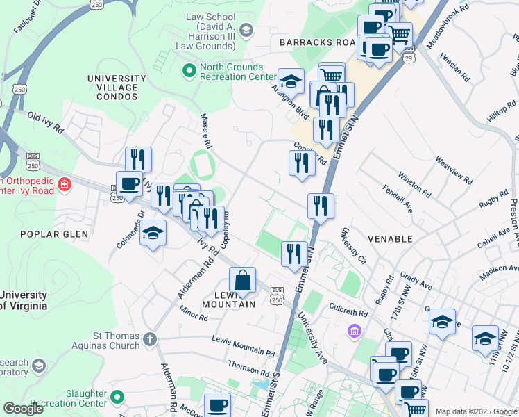 map of restaurants, bars, coffee shops, grocery stores, and more near 290 Massie Rd in Charlottesville