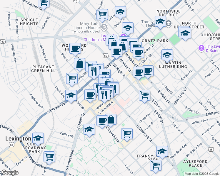 map of restaurants, bars, coffee shops, grocery stores, and more near 211 West Maxwell Street in Lexington