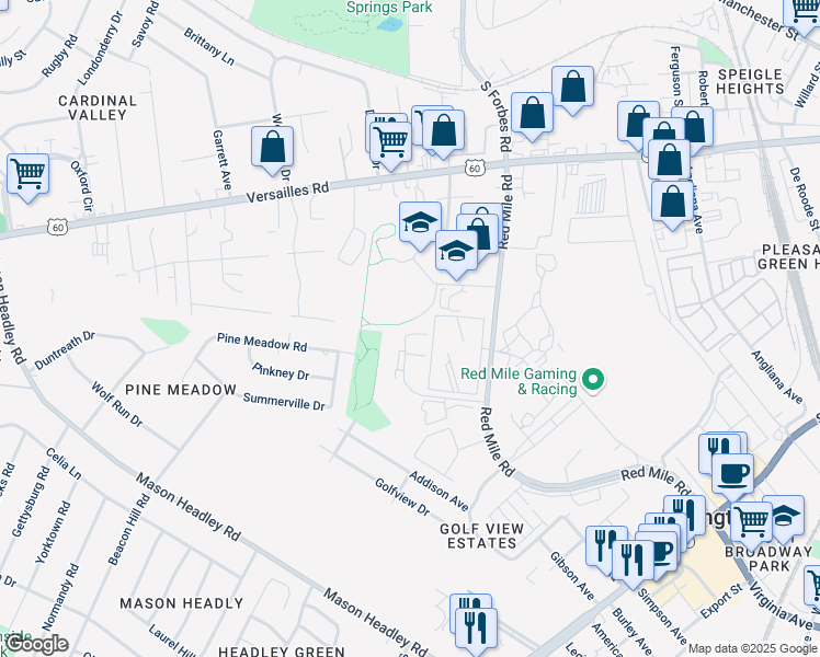 map of restaurants, bars, coffee shops, grocery stores, and more near Horsemans Lane in Lexington