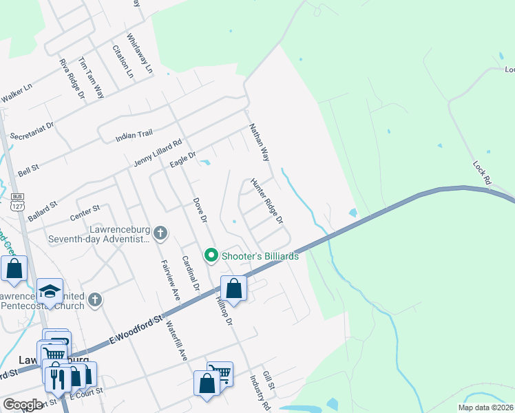 map of restaurants, bars, coffee shops, grocery stores, and more near 3106 Fawn Leap Drive in Lawrenceburg