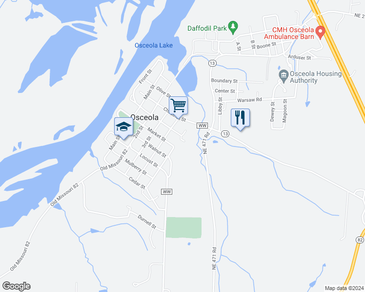 map of restaurants, bars, coffee shops, grocery stores, and more near 605 5th Street in Osceola