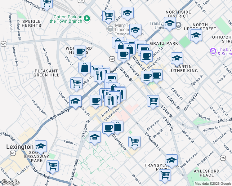 map of restaurants, bars, coffee shops, grocery stores, and more near 211 West Maxwell Street in Lexington
