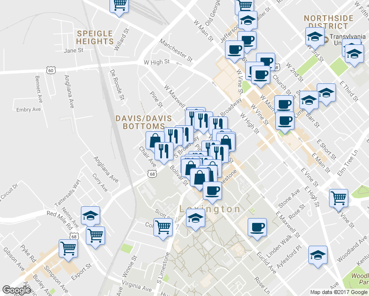 map of restaurants, bars, coffee shops, grocery stores, and more near 521 South Broadway Road in Lexington
