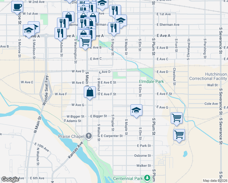 map of restaurants, bars, coffee shops, grocery stores, and more near 200 East Avenue F Street in Hutchinson