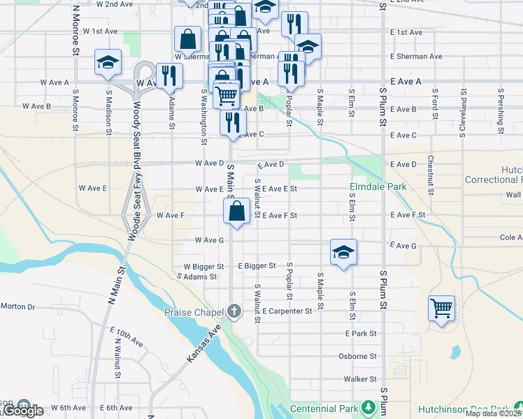 map of restaurants, bars, coffee shops, grocery stores, and more near 100 East Avenue F Street in Hutchinson