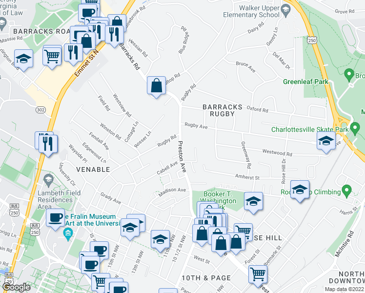 map of restaurants, bars, coffee shops, grocery stores, and more near 1212 Preston Avenue in Charlottesville