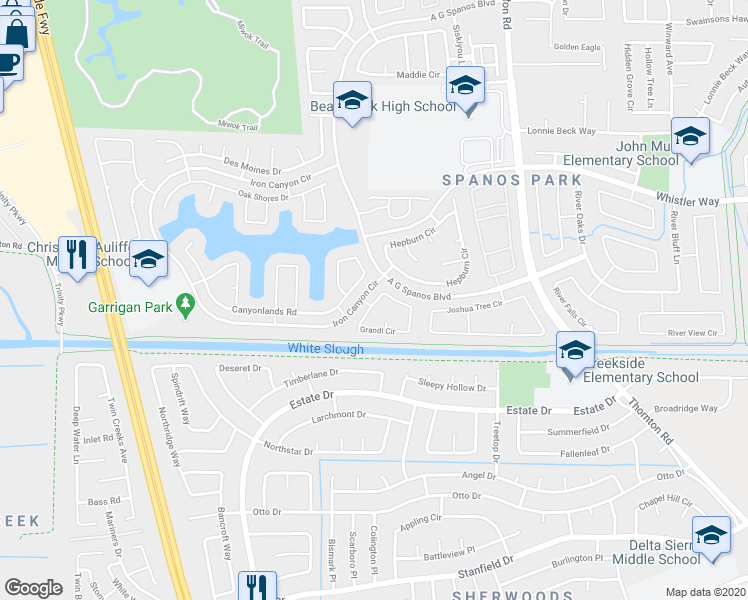map of restaurants, bars, coffee shops, grocery stores, and more near Grandi Circle in Stockton