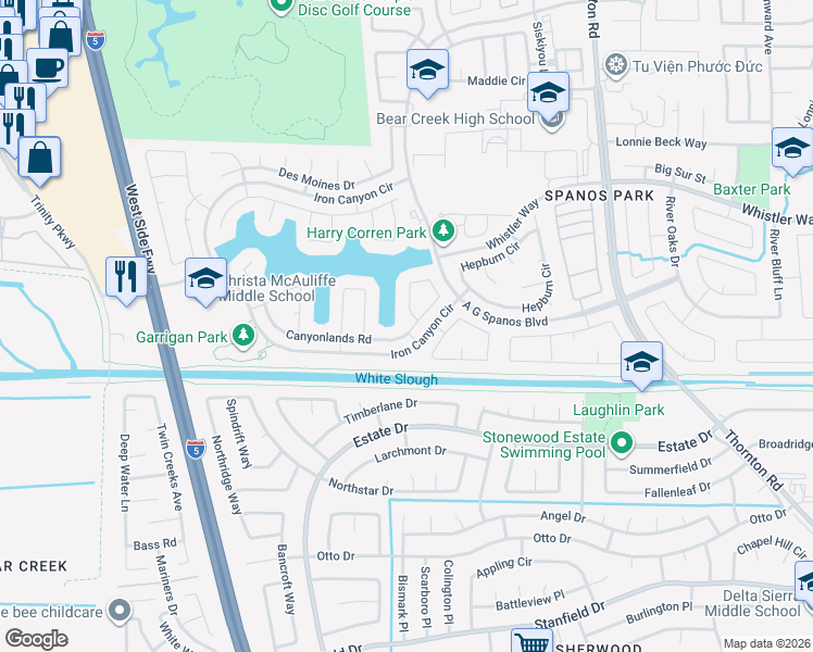 map of restaurants, bars, coffee shops, grocery stores, and more near 3503 Canyonlands Road in Stockton