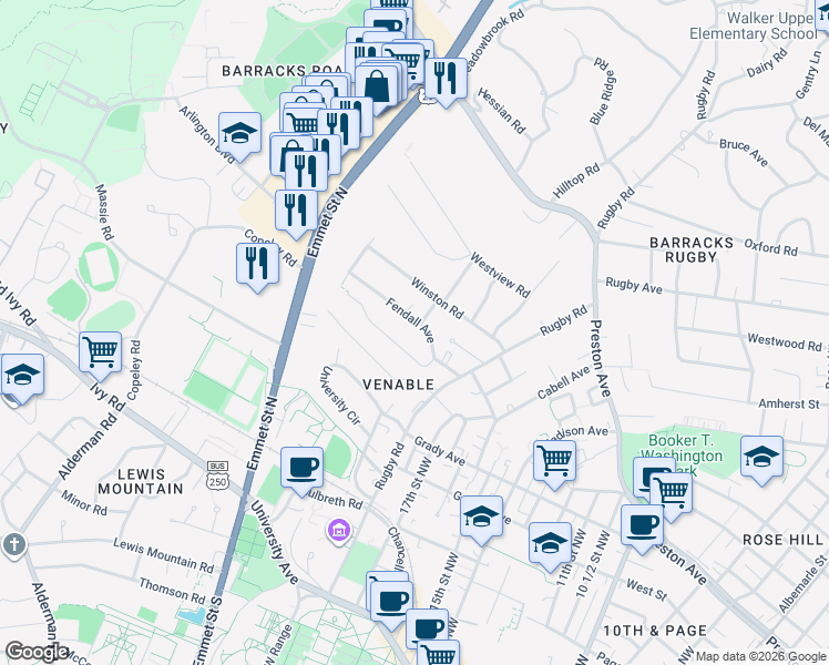 map of restaurants, bars, coffee shops, grocery stores, and more near 1824-1826 Fendall Ave in Charlottesville