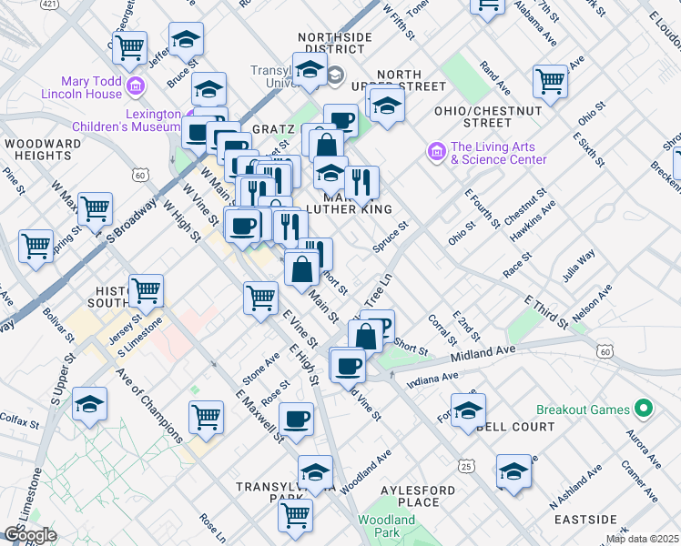 map of restaurants, bars, coffee shops, grocery stores, and more near 238 East Short Street in Lexington