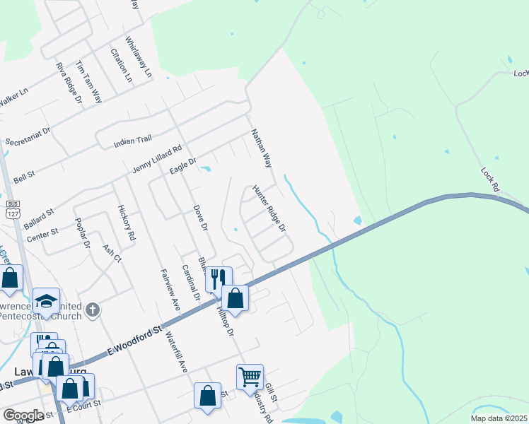 map of restaurants, bars, coffee shops, grocery stores, and more near 3106 Fawn Leap Drive in Lawrenceburg