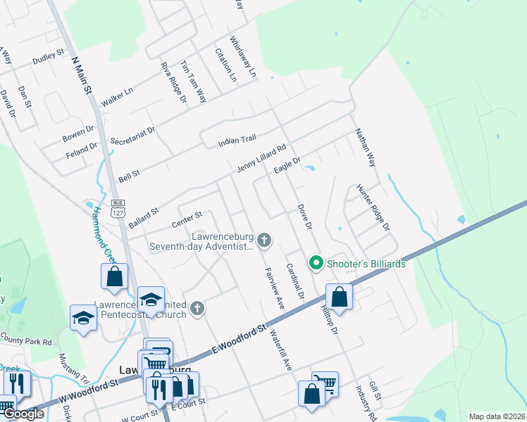 map of restaurants, bars, coffee shops, grocery stores, and more near 89 Eagle Drive in Lawrenceburg