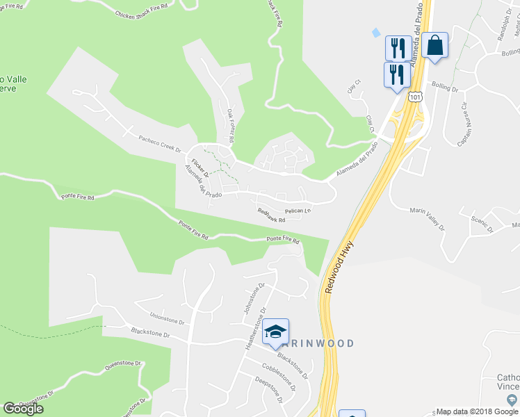 map of restaurants, bars, coffee shops, grocery stores, and more near 254 Redhawk Road in Novato