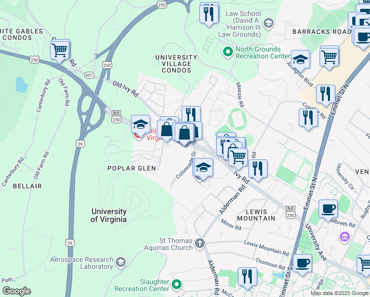 map of restaurants, bars, coffee shops, grocery stores, and more near 2214 Ivy Road in Charlottesville