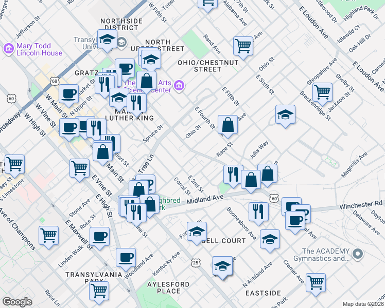 map of restaurants, bars, coffee shops, grocery stores, and more near 228 Eastern Avenue in Lexington