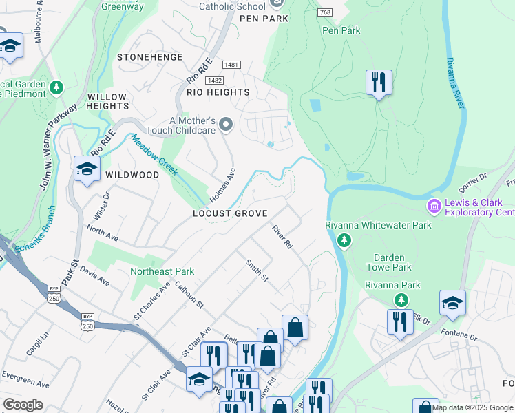 map of restaurants, bars, coffee shops, grocery stores, and more near 904 Locust Lane in Charlottesville