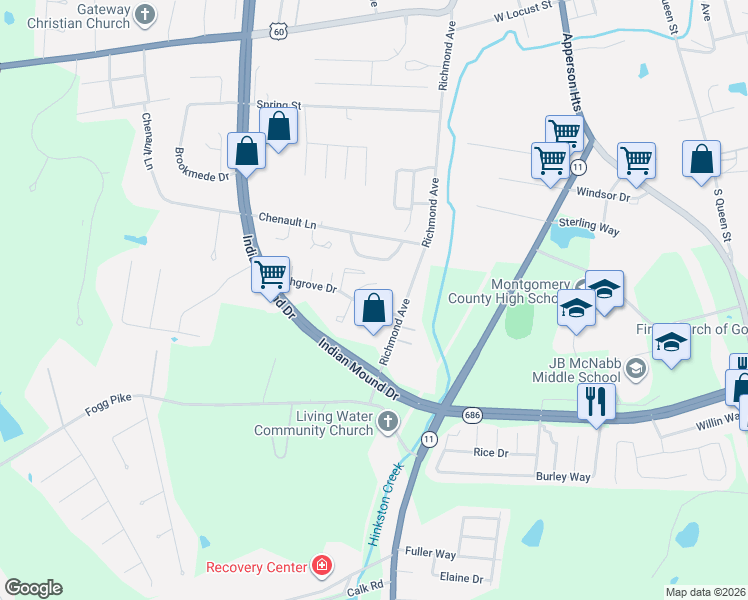 map of restaurants, bars, coffee shops, grocery stores, and more near 308 Ashgrove Drive in Mount Sterling