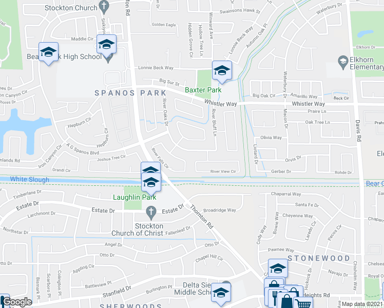 map of restaurants, bars, coffee shops, grocery stores, and more near 10057 River Oaks Drive in Stockton