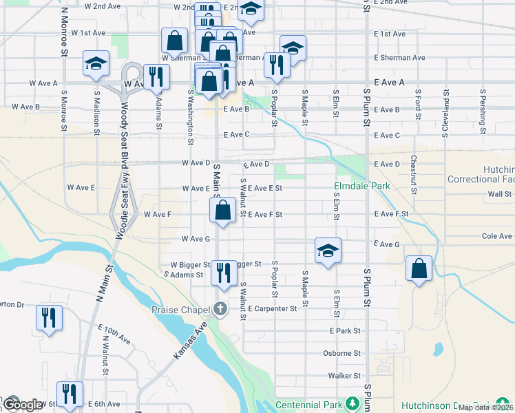 map of restaurants, bars, coffee shops, grocery stores, and more near 100-198 East Ave F in Hutchinson