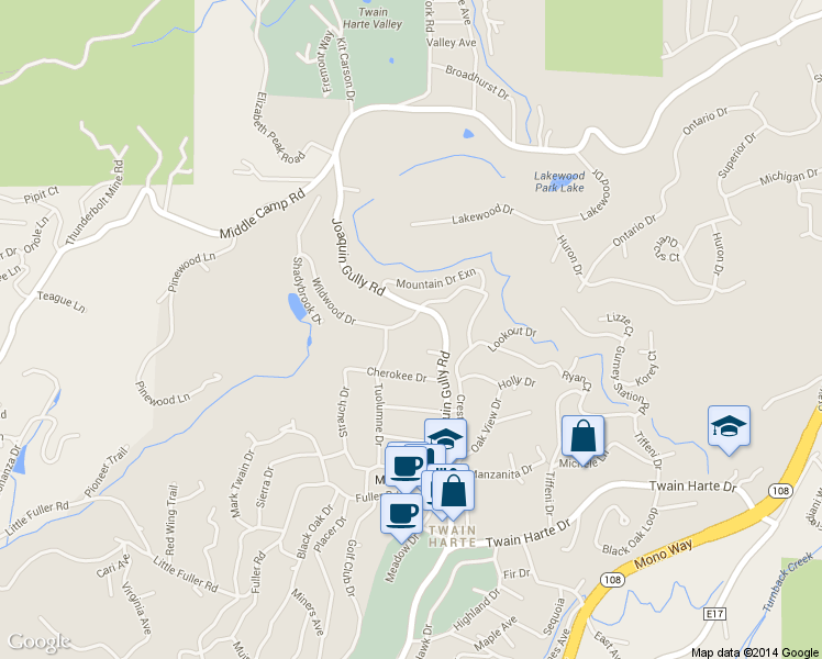 map of restaurants, bars, coffee shops, grocery stores, and more near 18655 Wildwood Drive in Twain Harte