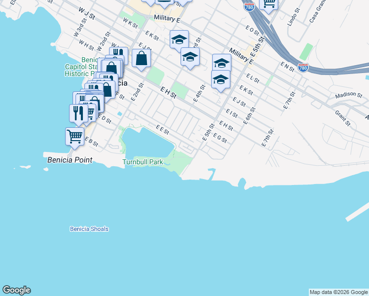 map of restaurants, bars, coffee shops, grocery stores, and more near E Street in Benicia