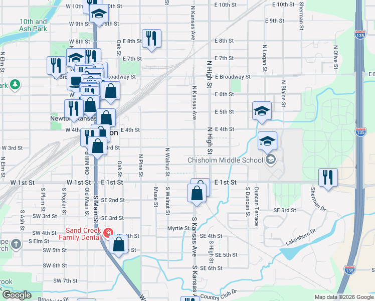 map of restaurants, bars, coffee shops, grocery stores, and more near 500 East 2nd Street in Newton