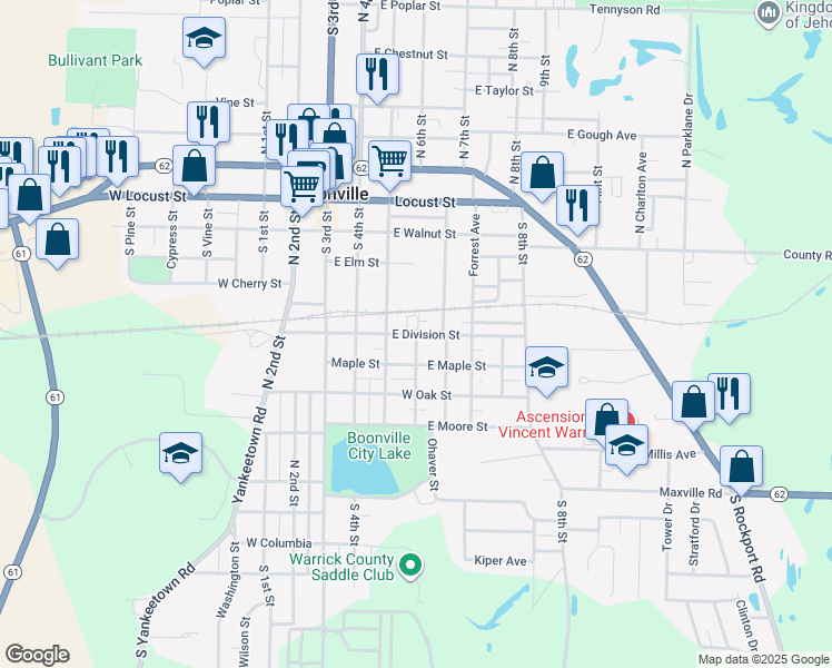 map of restaurants, bars, coffee shops, grocery stores, and more near 399 E Division St in Boonville
