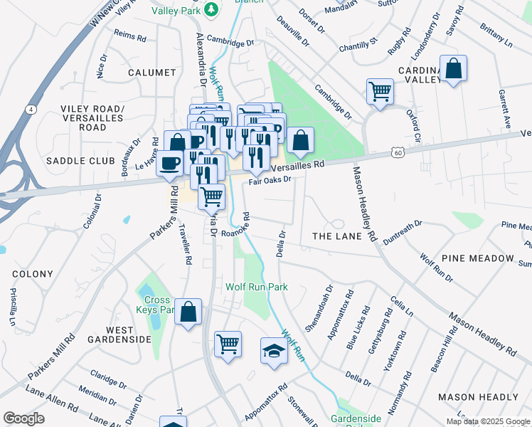 map of restaurants, bars, coffee shops, grocery stores, and more near 1908 Seven Pines Drive in Lexington