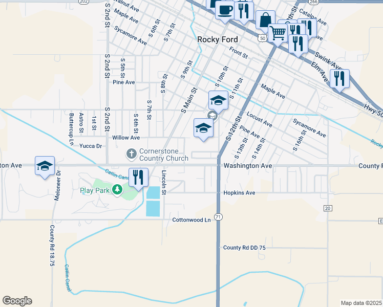 map of restaurants, bars, coffee shops, grocery stores, and more near 1001 Burrell Avenue in Rocky Ford