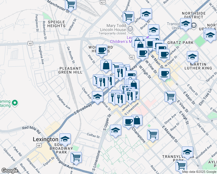 map of restaurants, bars, coffee shops, grocery stores, and more near 521 South Broadway in Lexington