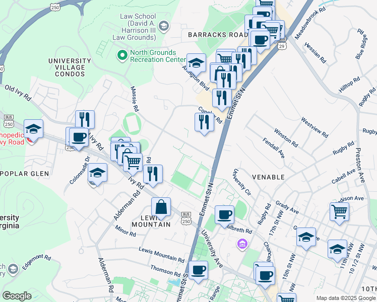 map of restaurants, bars, coffee shops, grocery stores, and more near 290 Massie Road in Charlottesville
