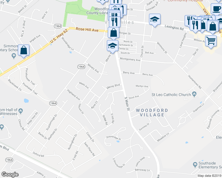 map of restaurants, bars, coffee shops, grocery stores, and more near 130 Macey Boulevard in Versailles