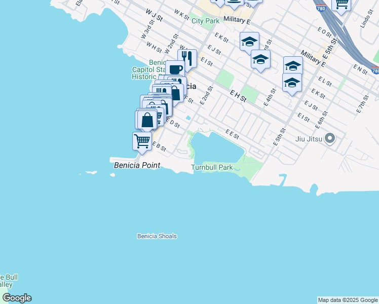 map of restaurants, bars, coffee shops, grocery stores, and more near 252 East 2nd Street in Benicia