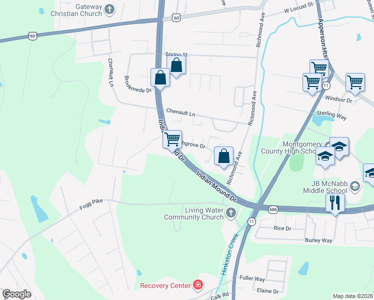 map of restaurants, bars, coffee shops, grocery stores, and more near 1600 Indian Mound Drive in Mount Sterling