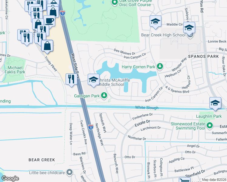 map of restaurants, bars, coffee shops, grocery stores, and more near 3722 Canyonlands Road in Stockton