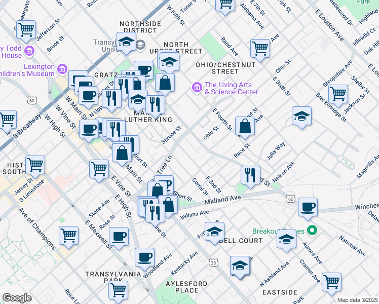 map of restaurants, bars, coffee shops, grocery stores, and more near 355 East 2nd Street in Lexington