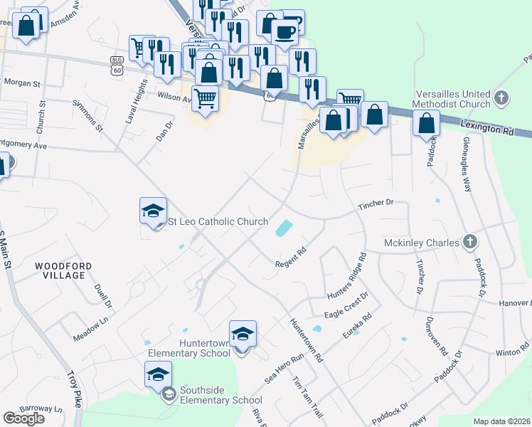 map of restaurants, bars, coffee shops, grocery stores, and more near 421 Marsailles Road in Versailles