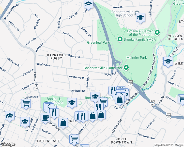 map of restaurants, bars, coffee shops, grocery stores, and more near 1446 Rugby Avenue in Charlottesville