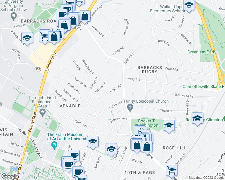 map of restaurants, bars, coffee shops, grocery stores, and more near Rugby Road in Charlottesville