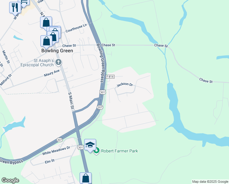 map of restaurants, bars, coffee shops, grocery stores, and more near 16018 Harrison Way in Bowling Green