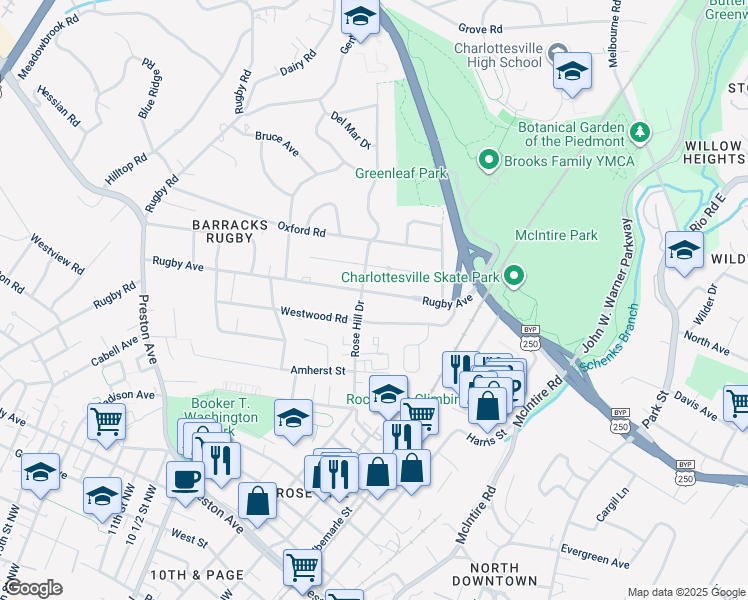 map of restaurants, bars, coffee shops, grocery stores, and more near 1446 Rugby Avenue in Charlottesville