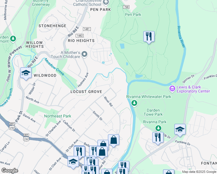 map of restaurants, bars, coffee shops, grocery stores, and more near 1141 Locust Avenue in Charlottesville